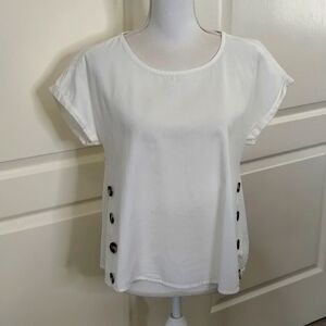 Branded white cotton blouse with button detail, short sleeve, size medium